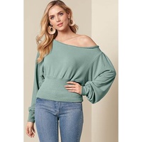 Green Off Shoulder Bishop Sleeve Cinched Waist Blouse - M thumbnail