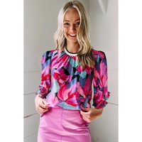 Azura Exchange Floral Print Ruched Sleeve Puff Sleeve Blouse - XL thumbnail