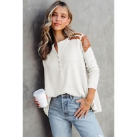 Azura Exchange Contrast Crochet Lace Henley Top - L thumbnail