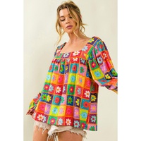 Azura Exchange Multicolor Floral Crochet Square Neck Puff Sleeve Blouse - M thumbnail
