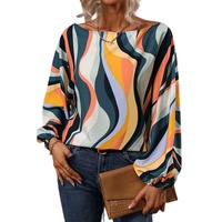 Azura Exchange Wavy Striped Boat Neck Puff Sleeve Blouse - M thumbnail