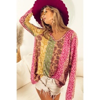 Azura Exchange Floral Leopard Mixed Print V Neck Long Sleeve Tee - M thumbnail