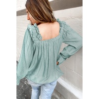 Green Ruffled Square Neck Cuffs Long Sleeve Blouse - L thumbnail
