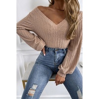 Azura Exchange Knitted Jacquard V Neck Lantern Sleeve Top - S thumbnail