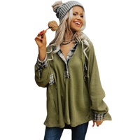 Green Flowy Plaid Accent Waffle Knit Henley Hoodie - XL thumbnail
