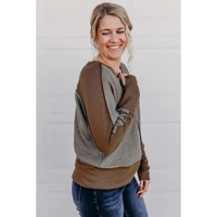 Brown Contrast Patchwork Thumbhole Sleeve Top - S thumbnail