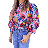 Blue Mock Neck Bubble Sleeve Floral Print Blouse - L thumbnail