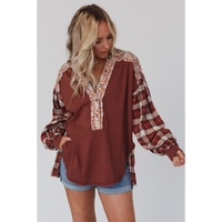 Red Floral Plaid Mixed Print Bishop Sleeve Patchwork Top - L thumbnail