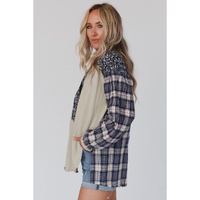 Blue Floral Plaid Mixed Print Bishop Sleeve Patchwork Top - M thumbnail