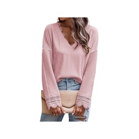 Azura Exchange Ribbed Texture Lace Trim V Neck Long Sleeve Top - M thumbnail