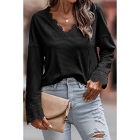 Azura Exchange Ribbed Texture Lace Trim V Neck Long Sleeve Top - L thumbnail