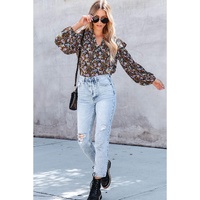 Azura Exchange Floral Print Ruffled Bubble Sleeve Shirt - L thumbnail