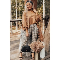 Brown Puff Sleeve Collared Pleated Babydoll Blouse - M thumbnail