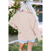 Pink Waffled Knit Long Sleeve V-Neck Frayed Top - L thumbnail