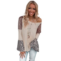 Leopard Sequin Patchwork Bell Sleeve V Neck Tunic Top - M thumbnail