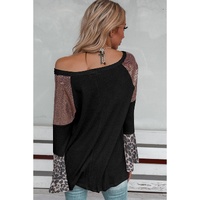 Black Sequin Patchwork Bell Sleeve V Neck Tunic Top - M thumbnail