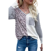 Leopard Patchwork Ribbed Color Block V Neck Top - M thumbnail