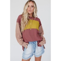 Red Colorblock Striped Bishop Sleeve Top - S thumbnail