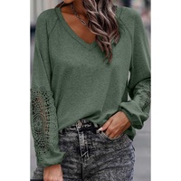 Green Crochet Lace Patch Raglan Sleeve Top - S thumbnail
