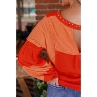 Red Studded V Neckline Exposed Seam Textured Knit Top - XL thumbnail