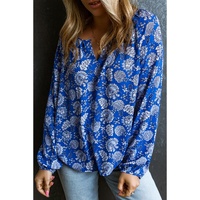 Blue Floral Notched V-Neck Long Sleeve Blouse - L thumbnail