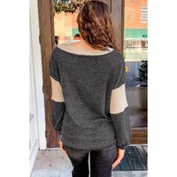 Black Brushed Contrast Knit V Neck Colorblock Long Sleeve Top - L thumbnail