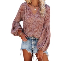 Azura Exchange Pleated Lantern Sleeve Abstract Print Blouse - L thumbnail