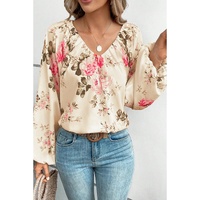 Azura Exchange Floral Print V-Neck Lantern Sleeve Blouse - S thumbnail