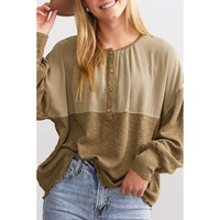 Khaki Ribbed Patchwork Drop Shoulder Buttoned Neckline Blouse - S thumbnail