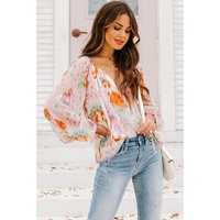 Azura Exchange Abstract Print Split Neck Puff Sleeve Blouse - S thumbnail