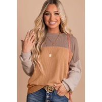 Khaki Color Block Long Sleeve Ribbed Loose Top - M thumbnail
