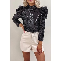 Black Sequin Mock Neck Bubble Sleeve Top - 2XL thumbnail