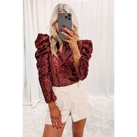 Burgundy Sequin Mock Neck Bubble Sleeve Top - L thumbnail