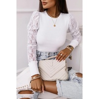 White Lace Splicing Sleeve Ribbed Slim Top - L thumbnail