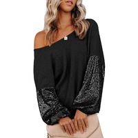 Black Sequin Patchwork Sleeve Open Back Waffle Knit Top - L thumbnail