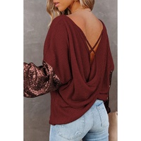 Biking Red Sequin Patchwork Sleeve Open Back Waffle Knit Top - L thumbnail