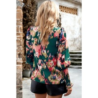 Azura Exchange Green Abstract Print Smocked Cuffs Frilled Neck Blouse - S thumbnail