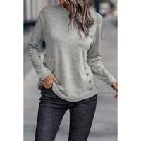Gray Side Buttons Crew Neck Knit Top - M thumbnail