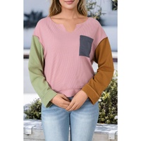 Pink Colorblock Rib Textured Loose Long Sleeve Top - L thumbnail