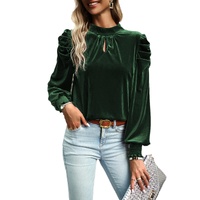 Azura Exchange Blackish Green Mock Neck Puff Sleeve Velvet Blouse - L thumbnail