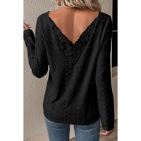Black Floral Lace Splicing Eyelet Long Sleeve Top - S thumbnail