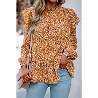 Orange Ruffle Collar Long Sleeve Peplum Top - L thumbnail