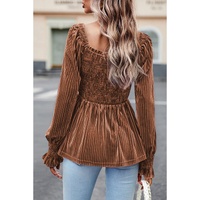 Chestnut Smocked Ribbed Velvet Babydoll Top - M thumbnail