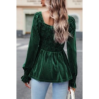 Blackish Green Smocked Ribbed Velvet Babydoll Top - L thumbnail