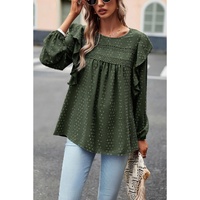 Blackish Green Lace Eyelet Ruffle Shoulder Long Sleeve Blouse - L thumbnail
