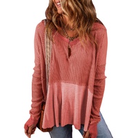 Mineral Red Exposed Seam Slit Neck Waffle Knit Patchwork Top - L thumbnail
