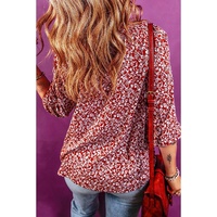 Biking Red Floral Print Smocked Tie Neck Blouse - L thumbnail