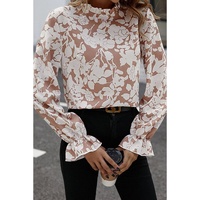 Flaxen Floral Print Frilled Neckline Flounce Sleeve Blouse - M thumbnail