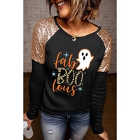 Black Leopard Boo Ghost Graphic Sequin Raglan Sleeve Top - S thumbnail