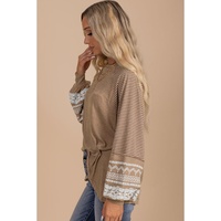 Light French Beige Floral Striped Patchwork Loose Long Sleeve Top - M thumbnail
